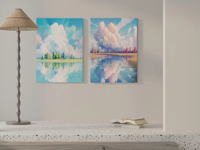 Two Landscape Paintings With Sky Clouds And Water Reflections On Wall In Indoor Setting 3d model