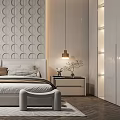 Modern Bedroom Interior With Circular Pattern Accent Wall Bed Nightstands Pendant Light And Rug