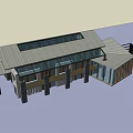 Modern Two Story Building With Stone Wood Facade Sloped Roof And Large Glass Windows