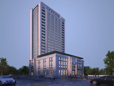 Modern High Rise Office Building With Glass Facade Parking Area And Surrounding Trees 3d model
