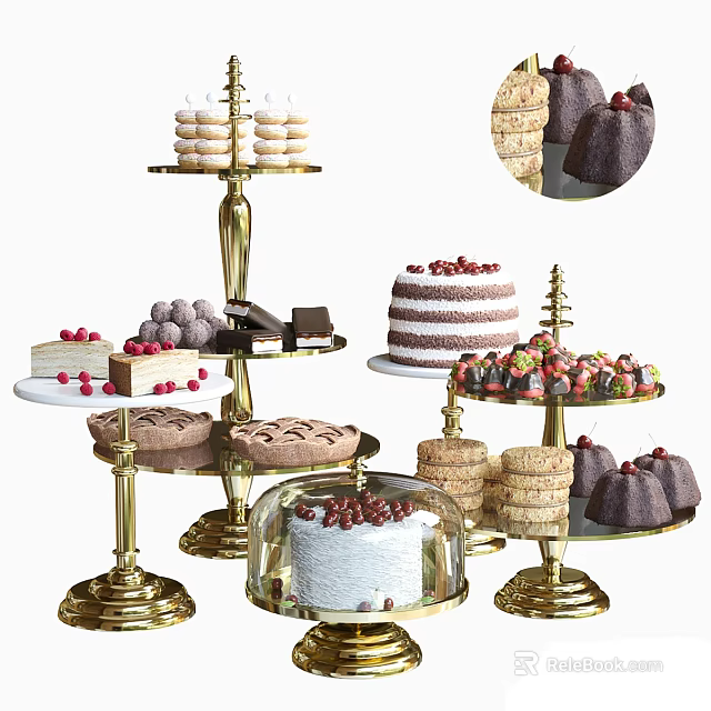 Delicious Assorted Desserts on Gold Tiered Stands with Cake Cookies and Fresh Berries 3d model 