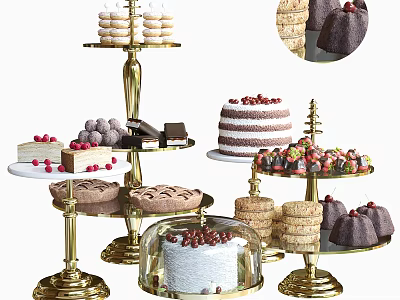 Delicious Assorted Desserts on Gold Tiered Stands with Cake Cookies and Fresh Berries 3d model