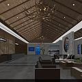 Elegant Store Front Desk In Lobby With Wooden Ceiling Chandeliers Sofa Seats And Windows