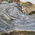 Natural Wood And Stone Landscape With Layered Rock Texture And Stream Pebbles