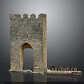 Medieval Stone Tower Structure With Crenellated Top Archway And Studio Sign