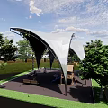 Modern Curved Pergola Structure In Outdoor Park With Playground Benches And Trees