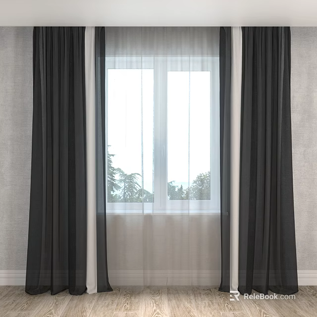 Black Thick Curtains With White Sheer Panels For Double Window Light Gray Wall 3d model
