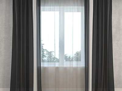 Black Thick Curtains With White Sheer Panels For Double Window Light Gray Wall 3d model
