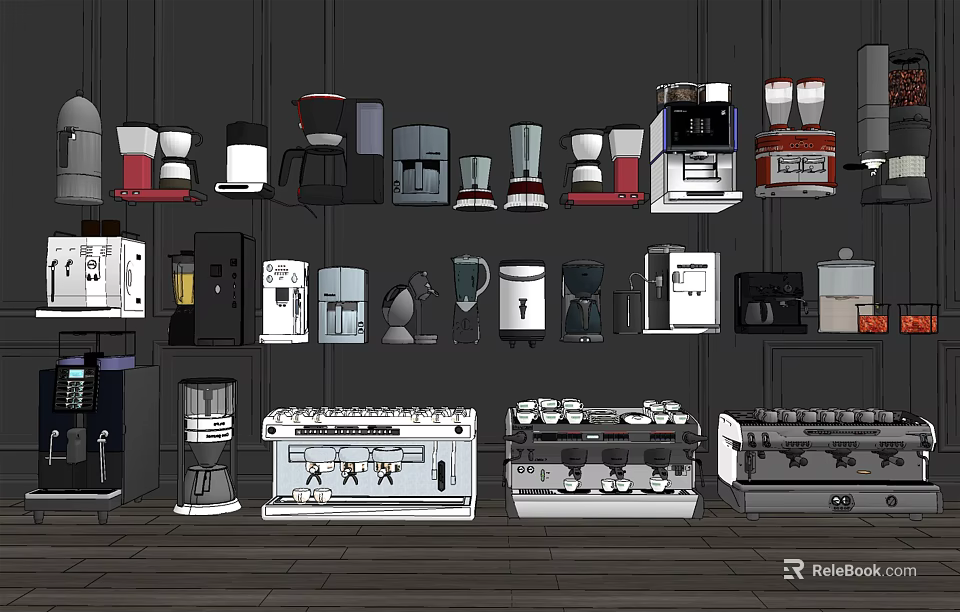 Various Modern Kitchen Appliances Including Coffee Makers Blenders And Ovens On Display Shelves 3d model 