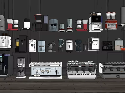 Various Modern Kitchen Appliances Including Coffee Makers Blenders And Ovens On Display Shelves 3d model