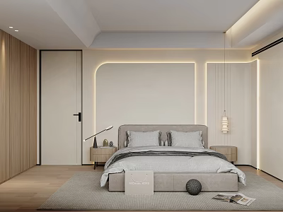 Modern Bedroom Interior With Soft Lighting Wooden Accents And Neutral Linen Bed 3d model
