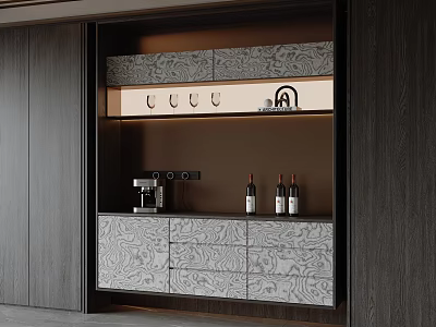 Elegant Modern Sideboard With Patterned Panels Wine Glass Holders Drawers And Lighting 3d model