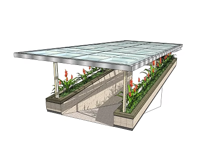 Modern Glass Roof Structure For Entryway With Flower Plants And Metal Supporting Columns 3d model