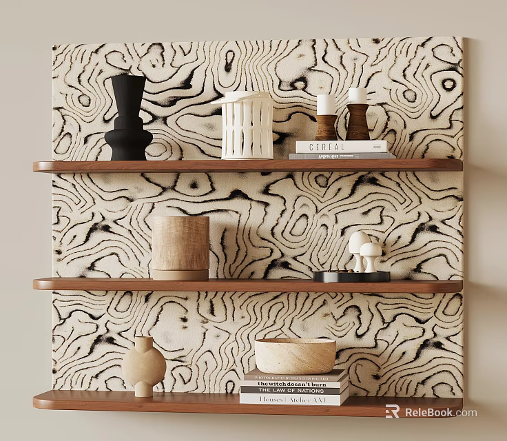 Wooden Wall Shelf with Decorative Vases Candles Books and Bowls on Abstract Wave Pattern Wallpaper 3d model 