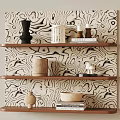 Wooden Wall Shelf with Decorative Vases Candles Books and Bowls on Abstract Wave Pattern Wallpaper