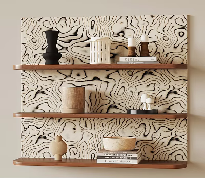 Wooden Wall Shelf with Decorative Vases Candles Books and Bowls on Abstract Wave Pattern Wallpaper 3d model