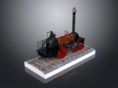 Model Steam Train with Black Body Red Wheels Tall Chimney on Rail Tracks Gravel Base 3d model
