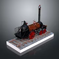 Model Steam Train with Black Body Red Wheels Tall Chimney on Rail Tracks Gravel Base