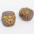 Yellow Patterned Drum Shaped Stools With Leather Seats And Metal Decorations 3d model