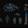 Traditional Blue Enamel Jewelry With Flower Bird Motifs Pearls And Tassel Hairpins