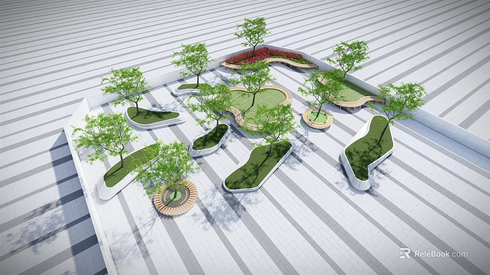 Modern Irregular Shaped Tree Planters With Green Trees And Lawn On Striped Floor 3d model 