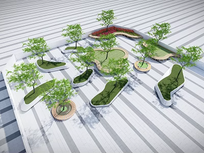 Modern Irregular Shaped Tree Planters With Green Trees And Lawn On Striped Floor 3d model