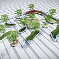 Modern Irregular Shaped Tree Planters With Green Trees And Lawn On Striped Floor