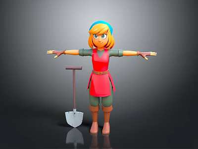 3D Cartoon Game Character With Red Apron Blue Headband Yellow Hair Arms Outstretched And Shovel 3d model