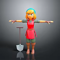3D Cartoon Game Character With Red Apron Blue Headband Yellow Hair Arms Outstretched And Shovel