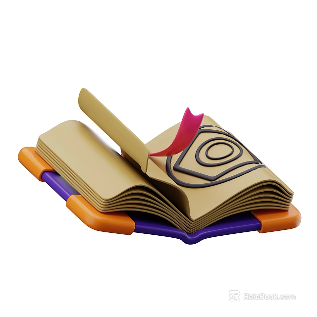 Decorative Ornament Set Open Book Shape Beige Pages Orange Purple Edges Black Spiral Red Bookmark 3d model 