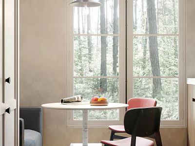Modern Minimalist Restaurant Featuring Round White Table Fruits Magazine Pink Black Chairs Large Windows Trees 3d model
