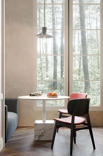 Modern Minimalist Restaurant Featuring Round White Table Fruits Magazine Pink Black Chairs Large Windows Trees 3d model