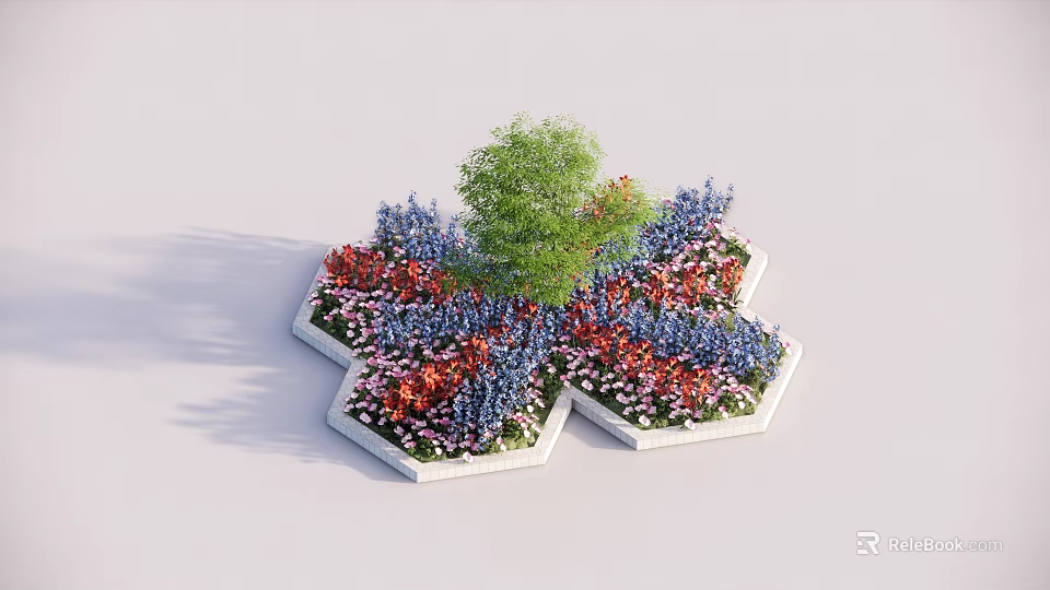 Hexagonal Flower Bed With Planters Colorful Red Blue Pink Flowers And Central Green Tree 3d model 