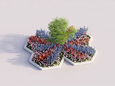 Hexagonal Flower Bed With Planters Colorful Red Blue Pink Flowers And Central Green Tree 3d model