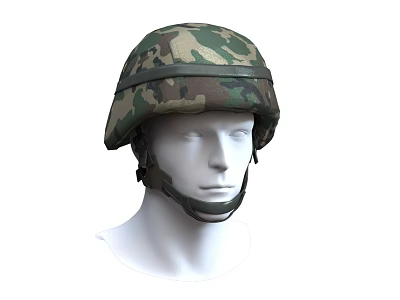 Camouflage Military Style Helmet Displayed On Mannequin Head With Camo Pattern 3d model
