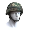 Camouflage Military Style Helmet Displayed On Mannequin Head With Camo Pattern