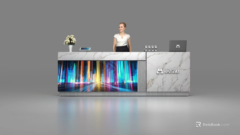 Modern Reception Desk with Marble Countertop Colorful Illuminated Backdrop and Miebau Logo 3d model 