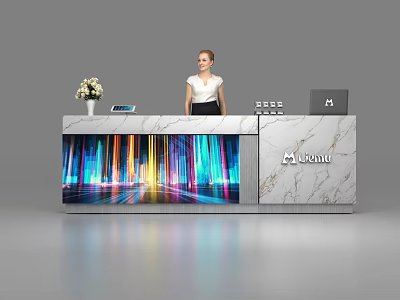 Modern Reception Desk with Marble Countertop Colorful Illuminated Backdrop and Miebau Logo 3d model