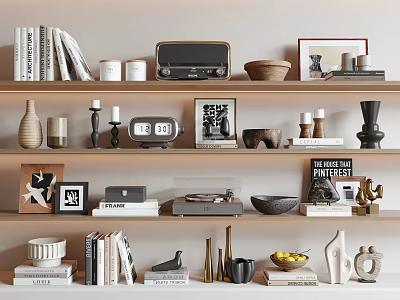 Stylish Decorative Ornament Set on Wooden Shelves with Books Radio Frames Vases and Candles 3d model