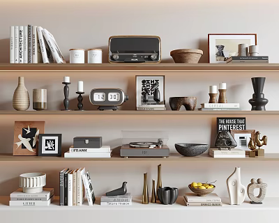 Stylish Decorative Ornament Set on Wooden Shelves with Books Radio Frames Vases and Candles 3d model