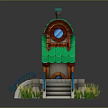 Cartoon House with Green Wavy Roof Round Windows Brown Door White Steps and Blue Railings