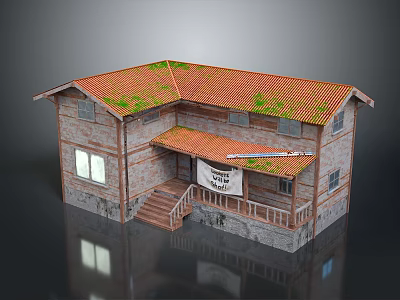 Rustic Residential House Featuring Red Tiled Roof Green Plants Brick Exterior And Porch With Stairs 3d model
