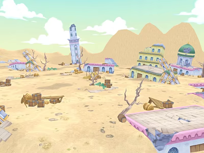 Cartoon Desert Scene With Tower Domed Buildings Abandoned Crates And Dead Trees 3d model