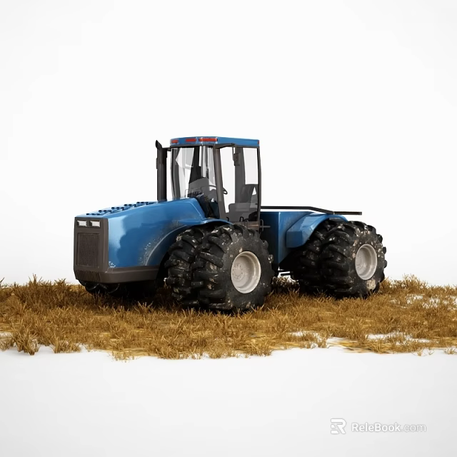 Blue Functional Tractor with Large Tires in Snowy Field with Dry Hay 3d model 