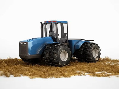 Blue Functional Tractor with Large Tires in Snowy Field with Dry Hay 3d model