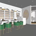Modern Beauty Hair Salon Interior With Green Chairs And Product Shelves