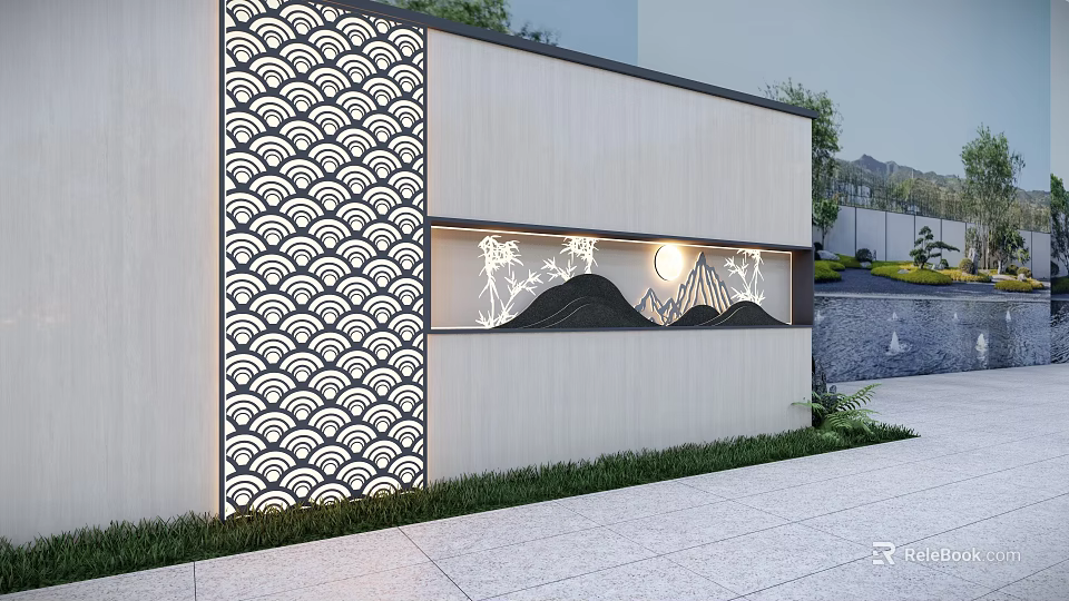 Oriental Landscape Wall With Wavy Pattern Mountain Bamboo Moon Design And Built-in Lighting 3d model