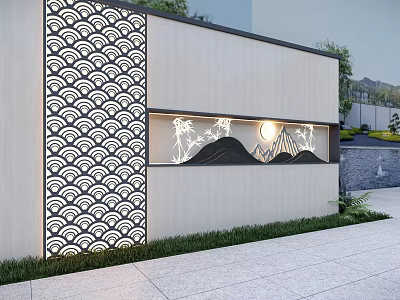 Oriental Landscape Wall With Wavy Pattern Mountain Bamboo Moon Design And Built-in Lighting 3d model