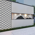 Oriental Landscape Wall With Wavy Pattern Mountain Bamboo Moon Design And Built-in Lighting