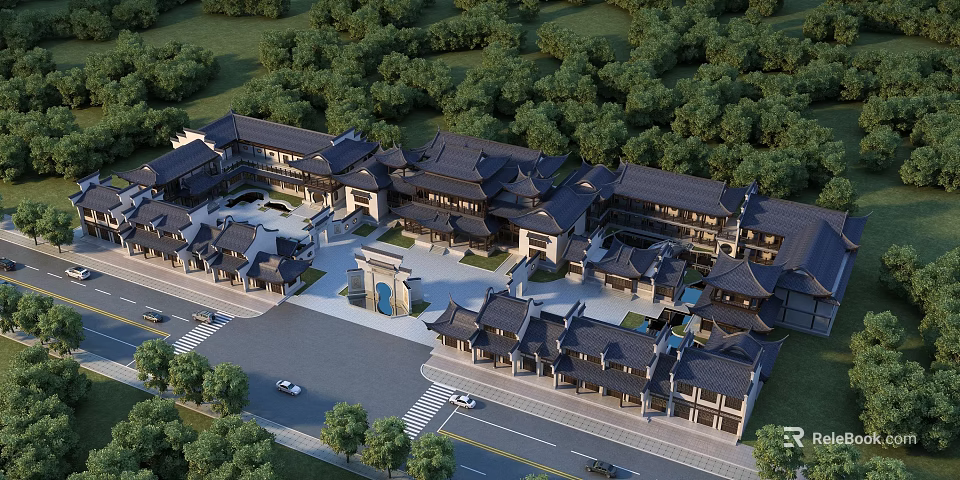 Birds Eye View Planning of Traditional Architecture Complex With Courtyard Greenery and Road Access 3d model 
